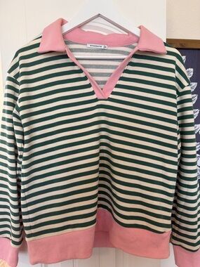 Staccato Green and Cream Striped Long Sleeve Polo with Pink Trim
